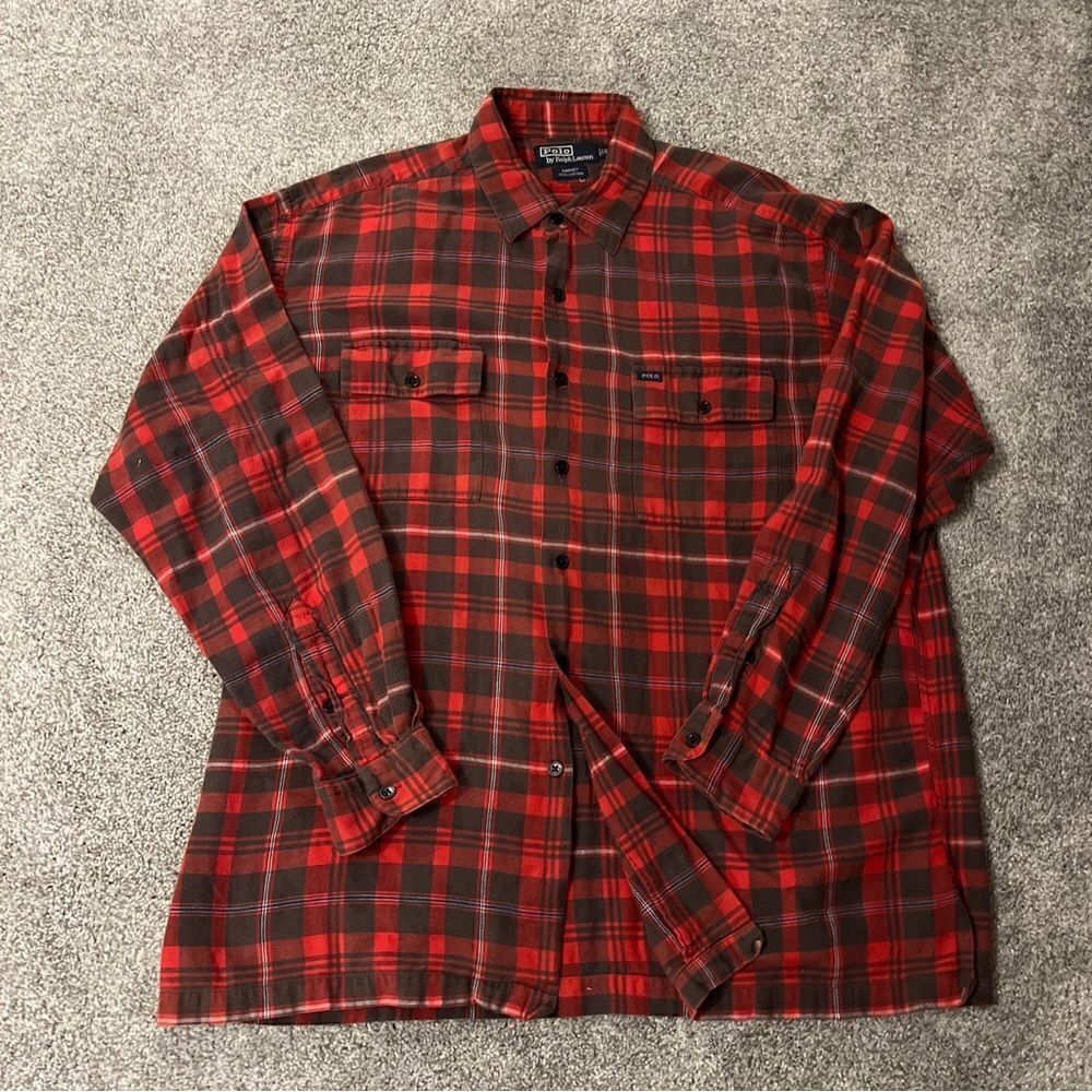 Polo by Ralph Lauren Red plaid tartan Garvey Flannel straight cut work shirt XL